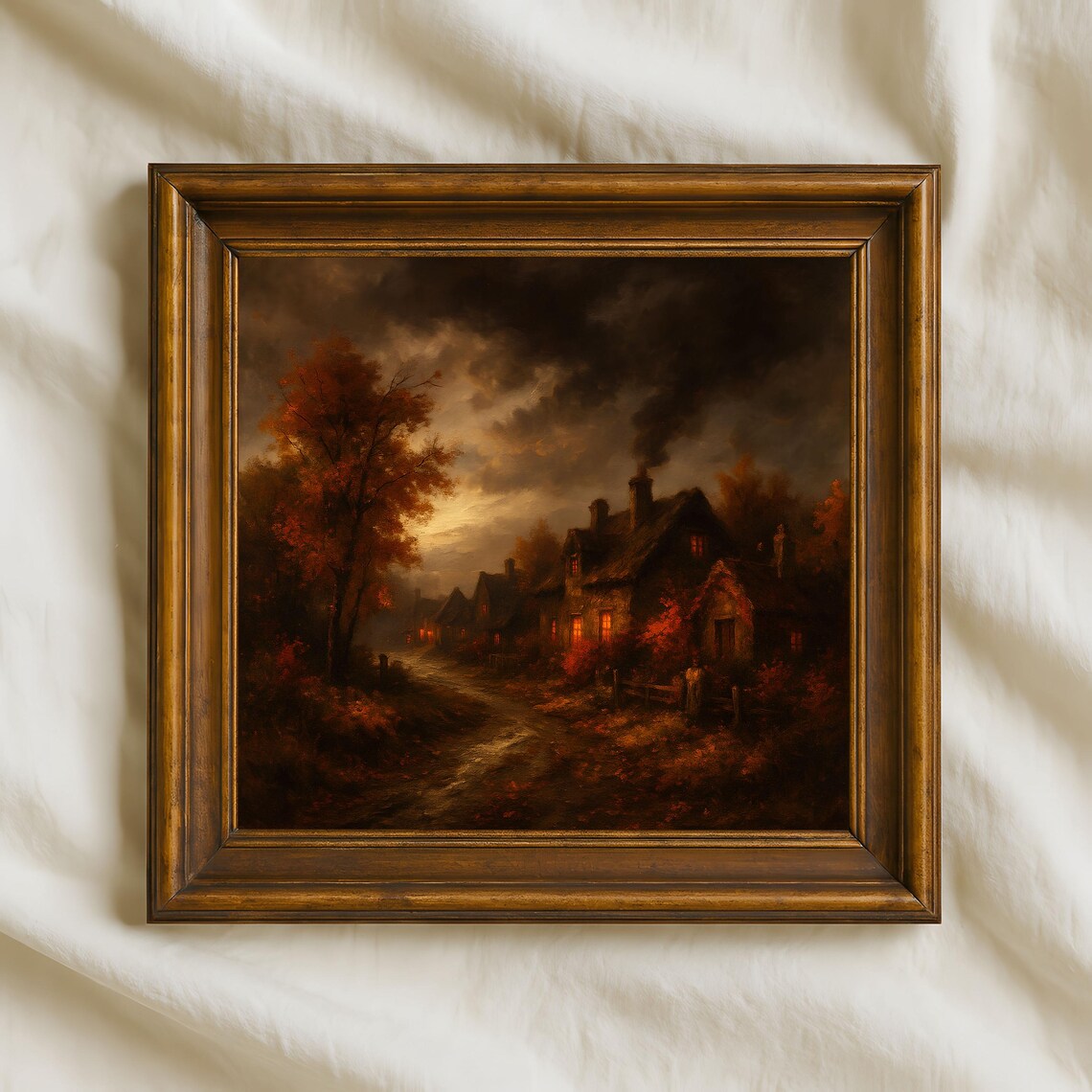 Autumn Village Lane Cottage Lights Moody Night Oil Painting Poster