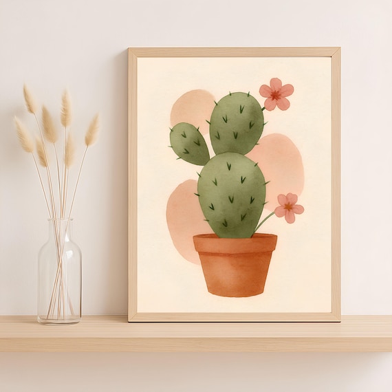 Watercolor Prickly Pear Cactus Pink Flowers Terracotta Pot Poster