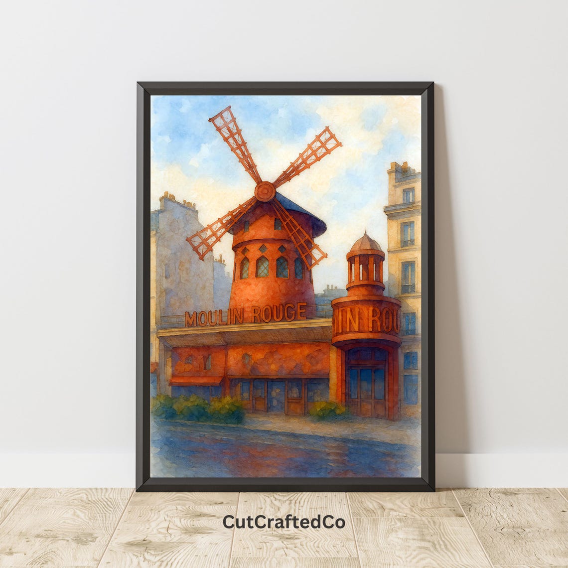Moulin Rouge Paris Watercolor Red Windmill Cabaret Poster Art