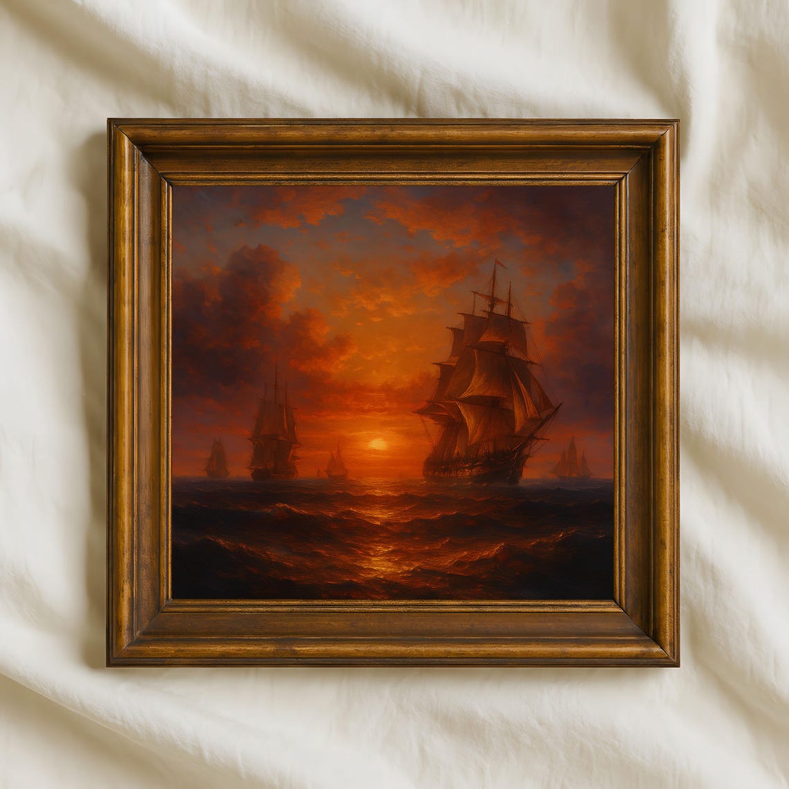 Dramatic Crimson Red Sunset Tall Ships Fleet Ocean Seascape Poster