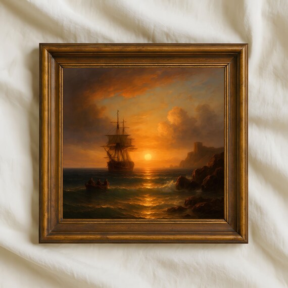 Golden Sunset Tall Ship Rocky Coast Romantic Oil Painting Poster