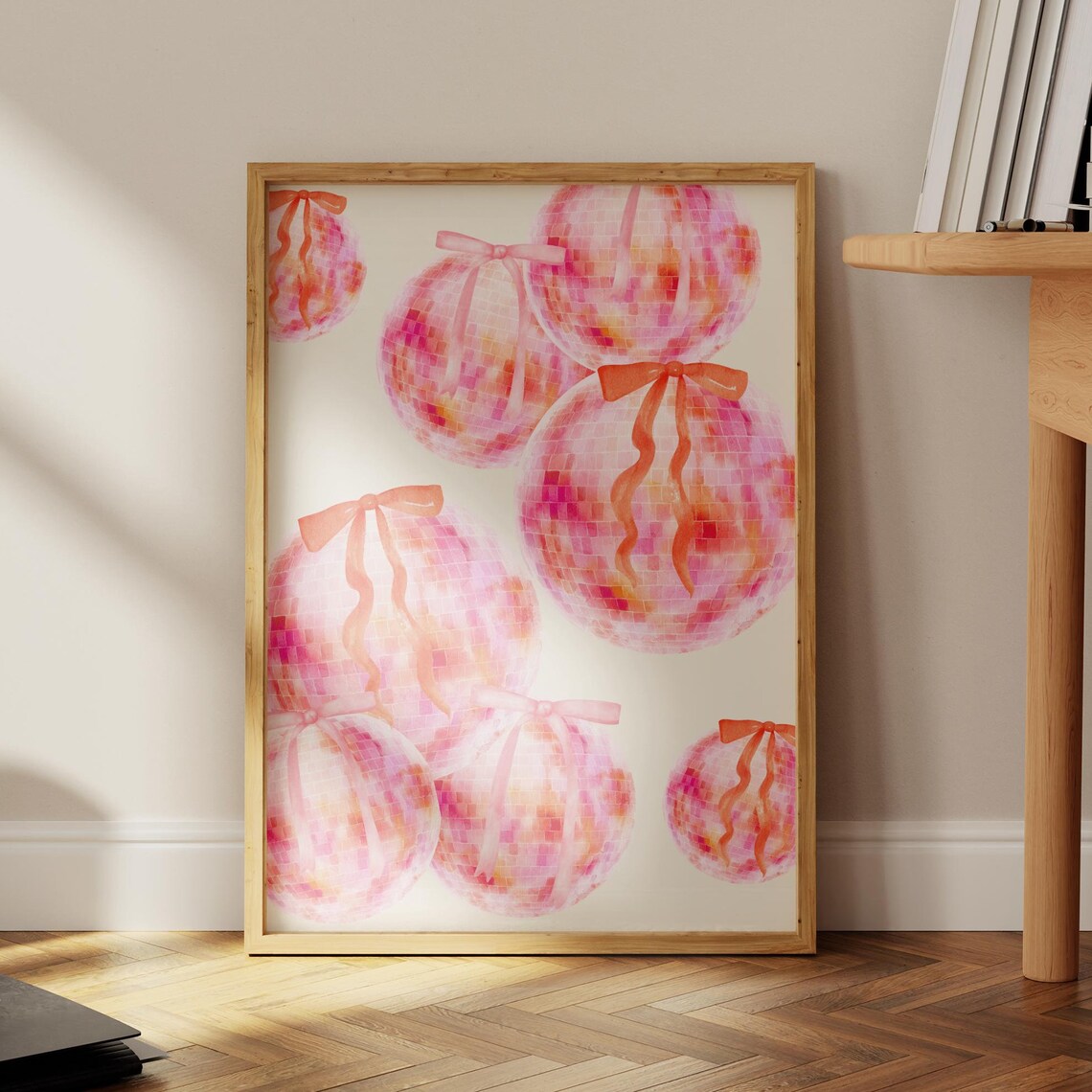 Pink Watercolor Disco Balls With Bows Coquette Trendy Wall Poster - Image 2