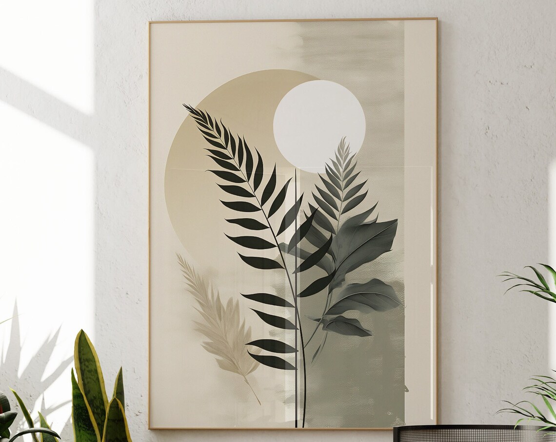 Japandi Bamboo Fern Sage Green Botanical Sun Nature Minimalist Wall Art