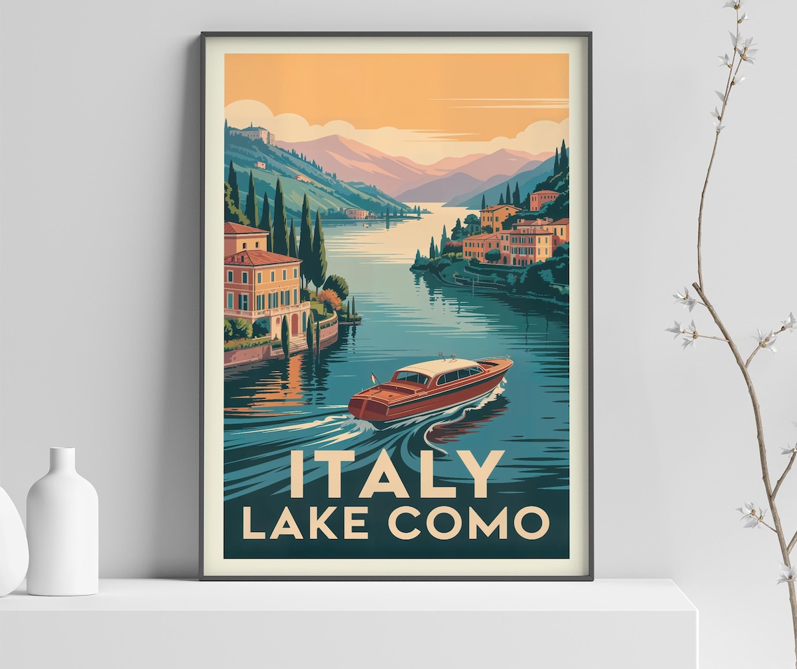Italy Lake Como Motorboat Hillside Villas Vintage Travel Poster
