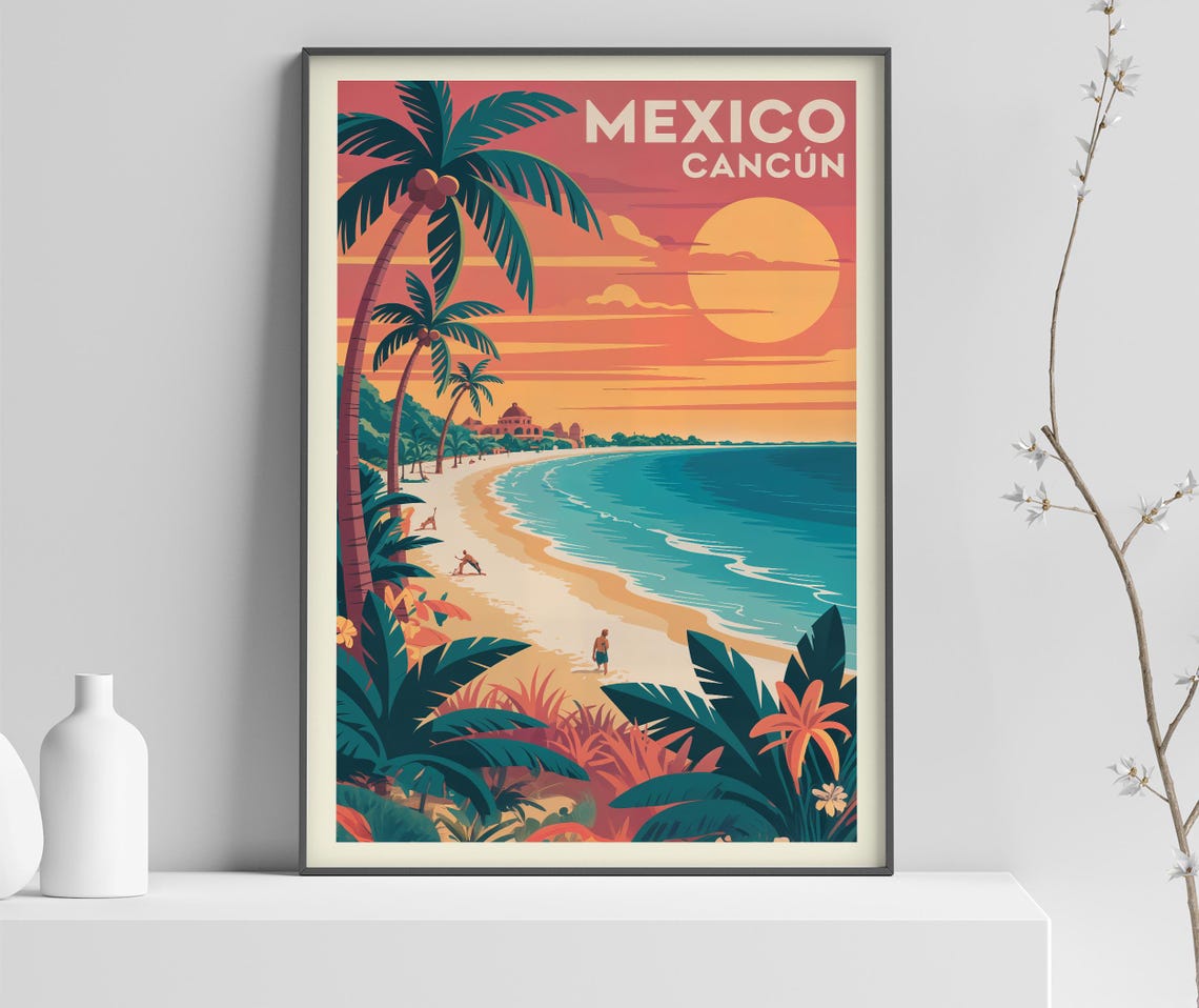 Cancun Mexico Travel Poster Print Vintage Tropical Wall Art Retro Beach Illustration For Home Decor 365