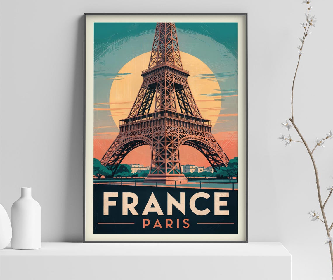 France Paris Eiffel Tower Sunset Warm Sky Vintage Travel Poster