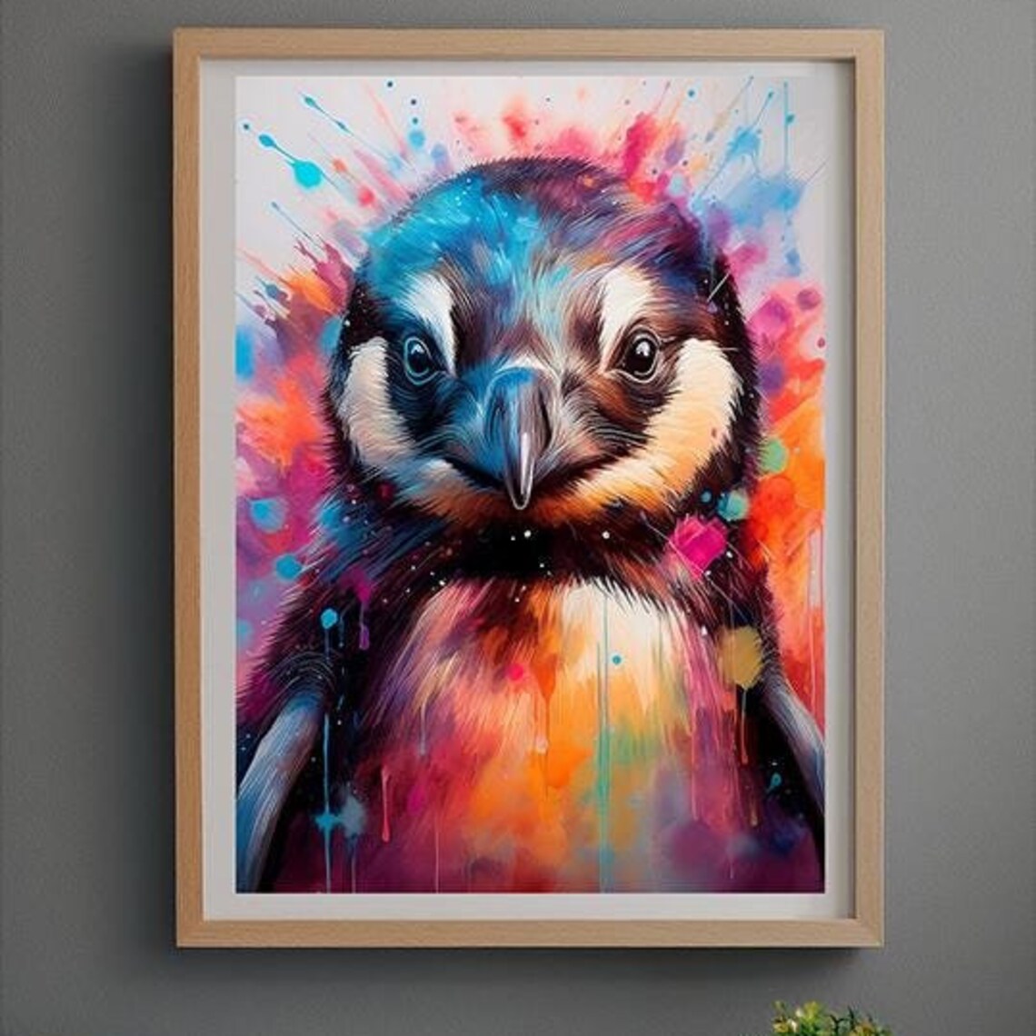 Colorful Watercolor Penguin Portrait Splash Art Kids Room Poster - Image 3