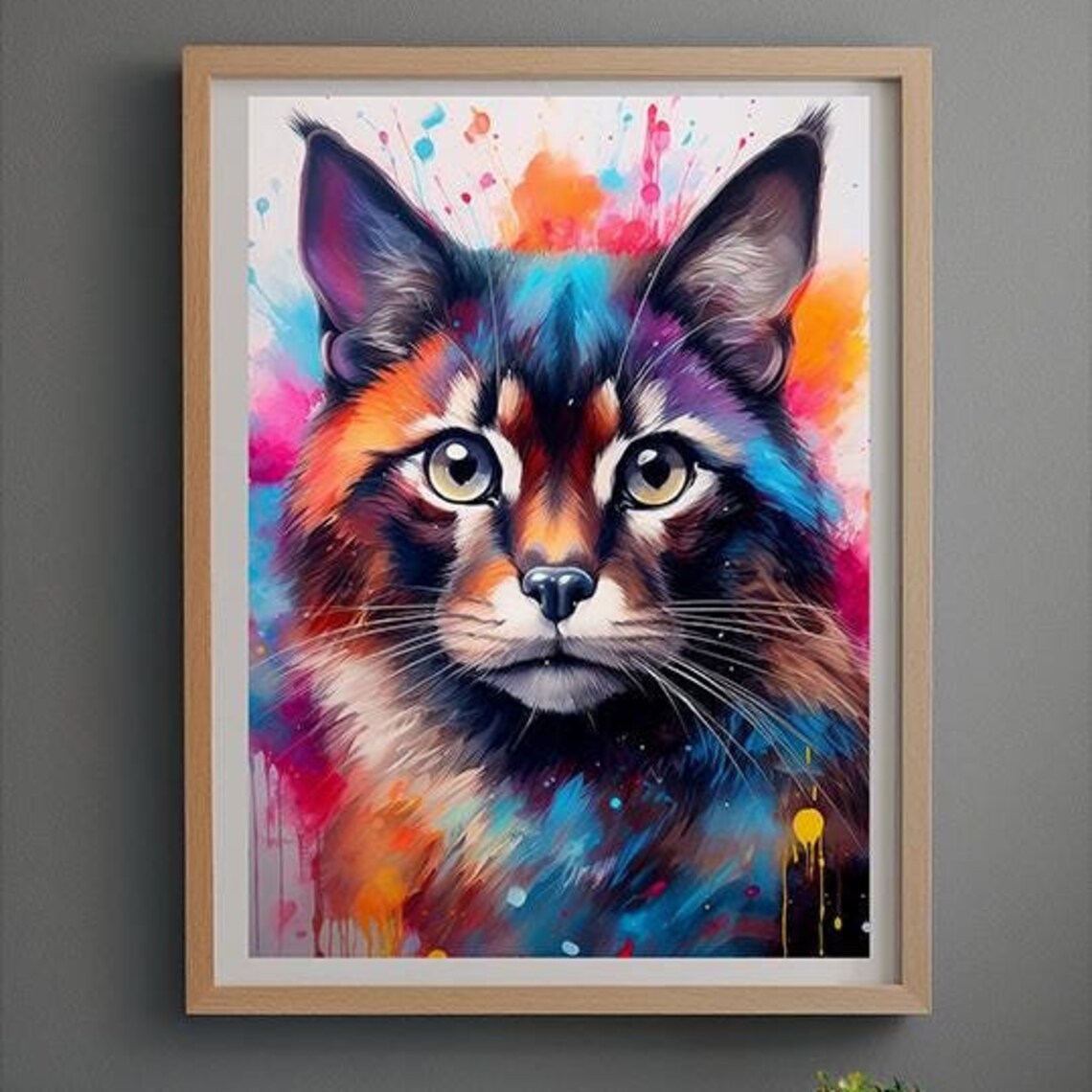 Colorful Watercolor Cat Portrait Splash Art Kids Room Poster - Image 3