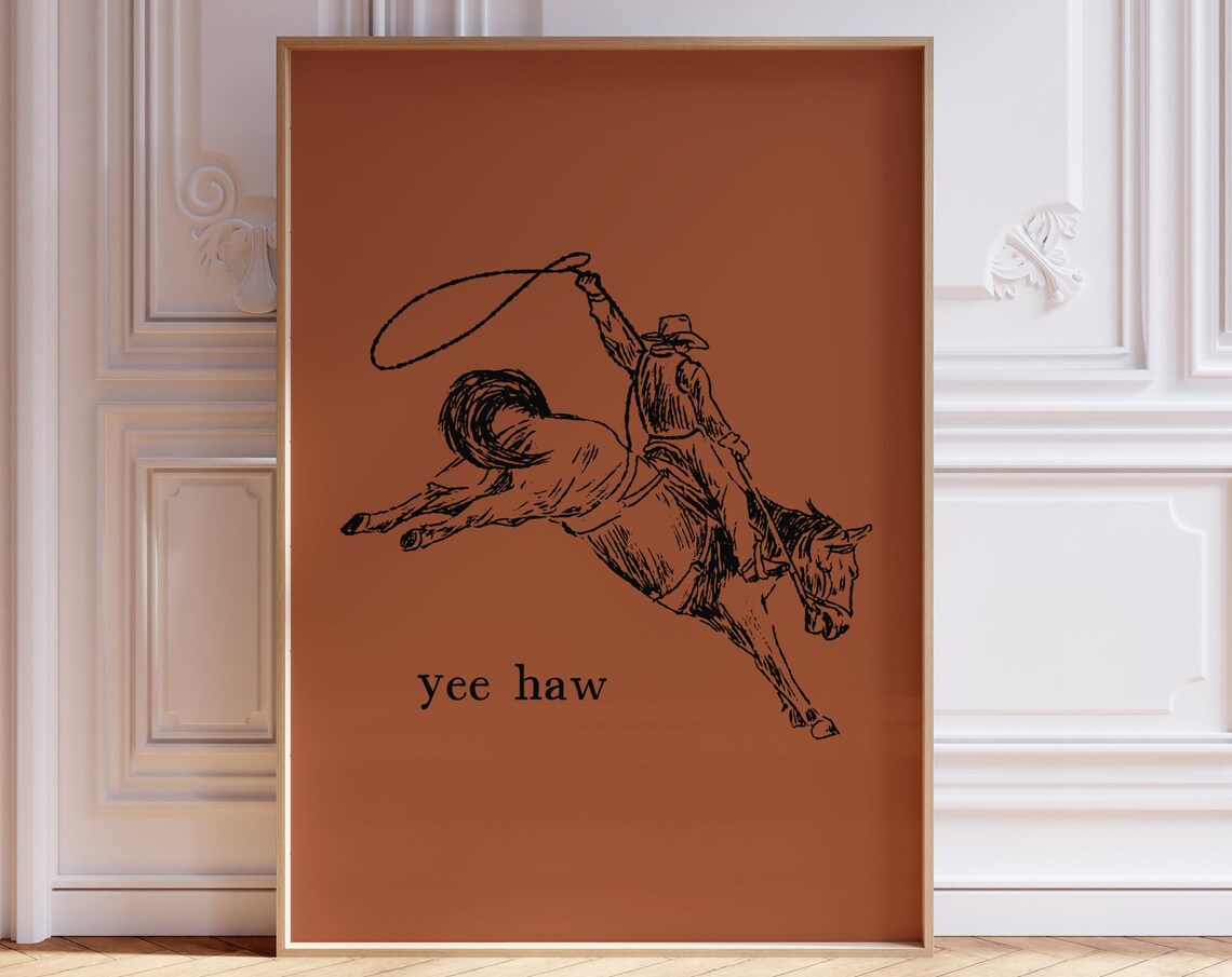 Yee Haw Cowboy Riding Bucking Bronco Retro Western Line Art Poster