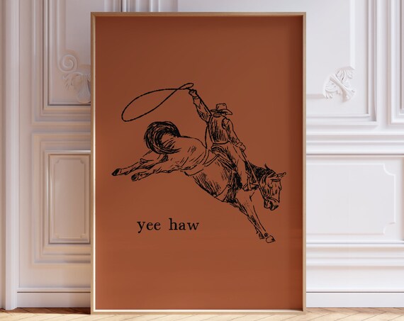 Yee Haw Cowboy Riding Bucking Bronco Retro Western Line Art Poster