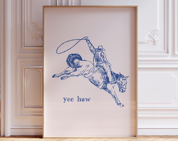 Yee Haw Blue Rodeo Cowboy Bucking Horse Vintage Line Art Poster