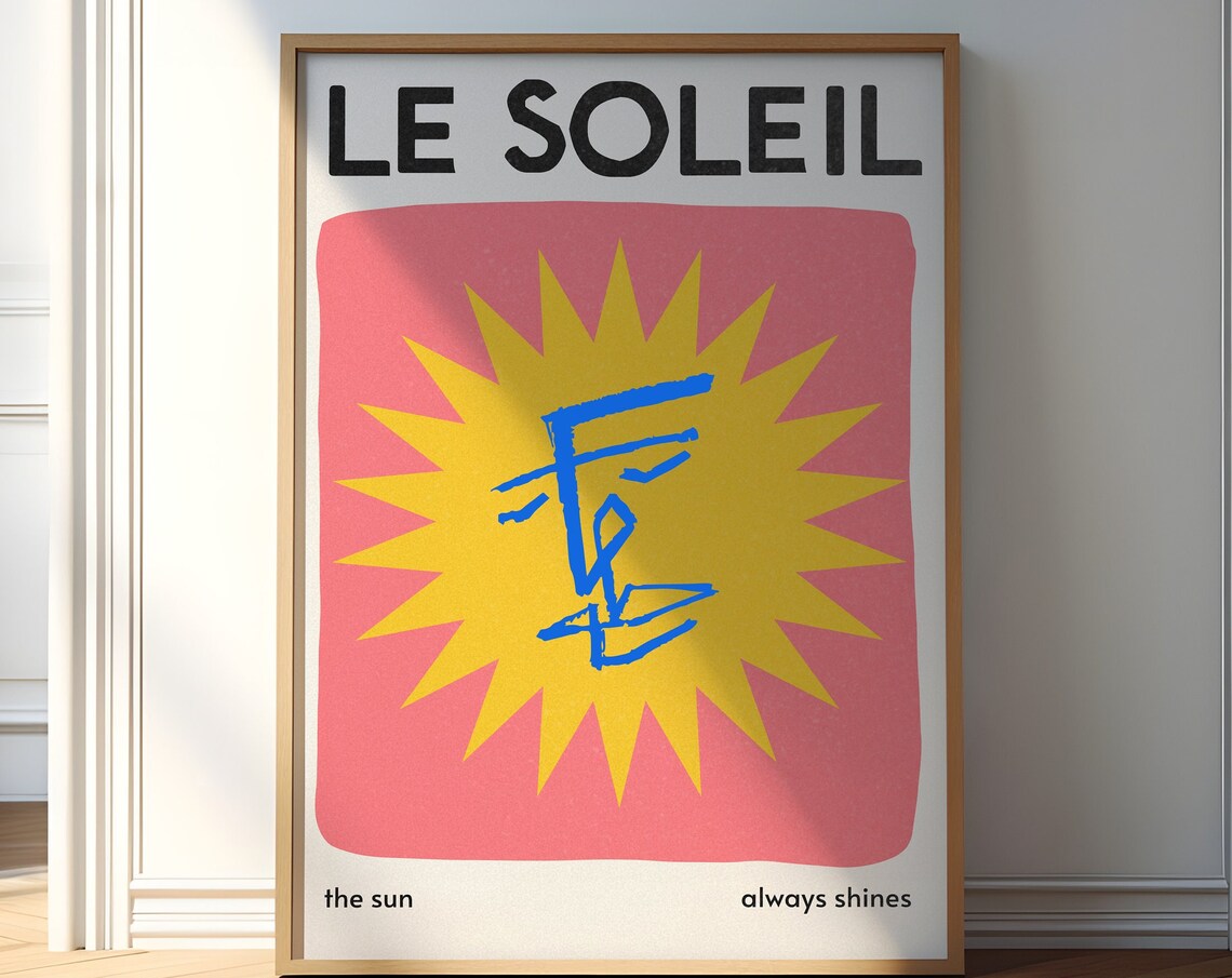 French Le Soleil Sunshine Face Poster with Yellow Sun on Pink