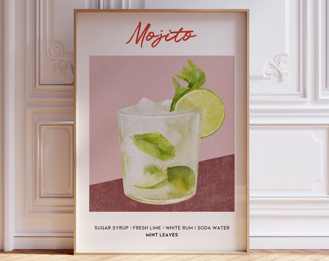 Mojito Cocktail Recipe Classic Rum Mint Lime Retro Bar Art Poster