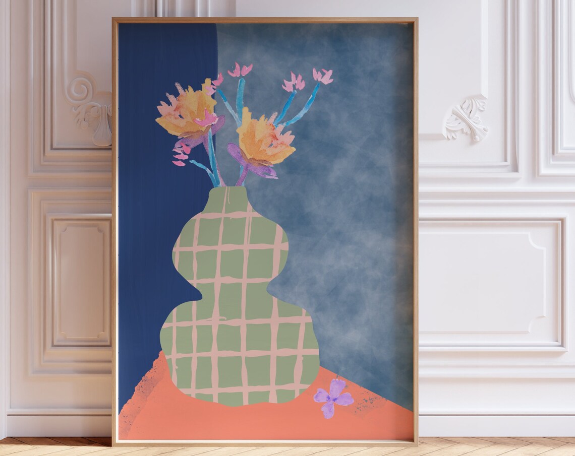 Abstract Floral Vase Watercolor Blue Green Botanical Wall Art