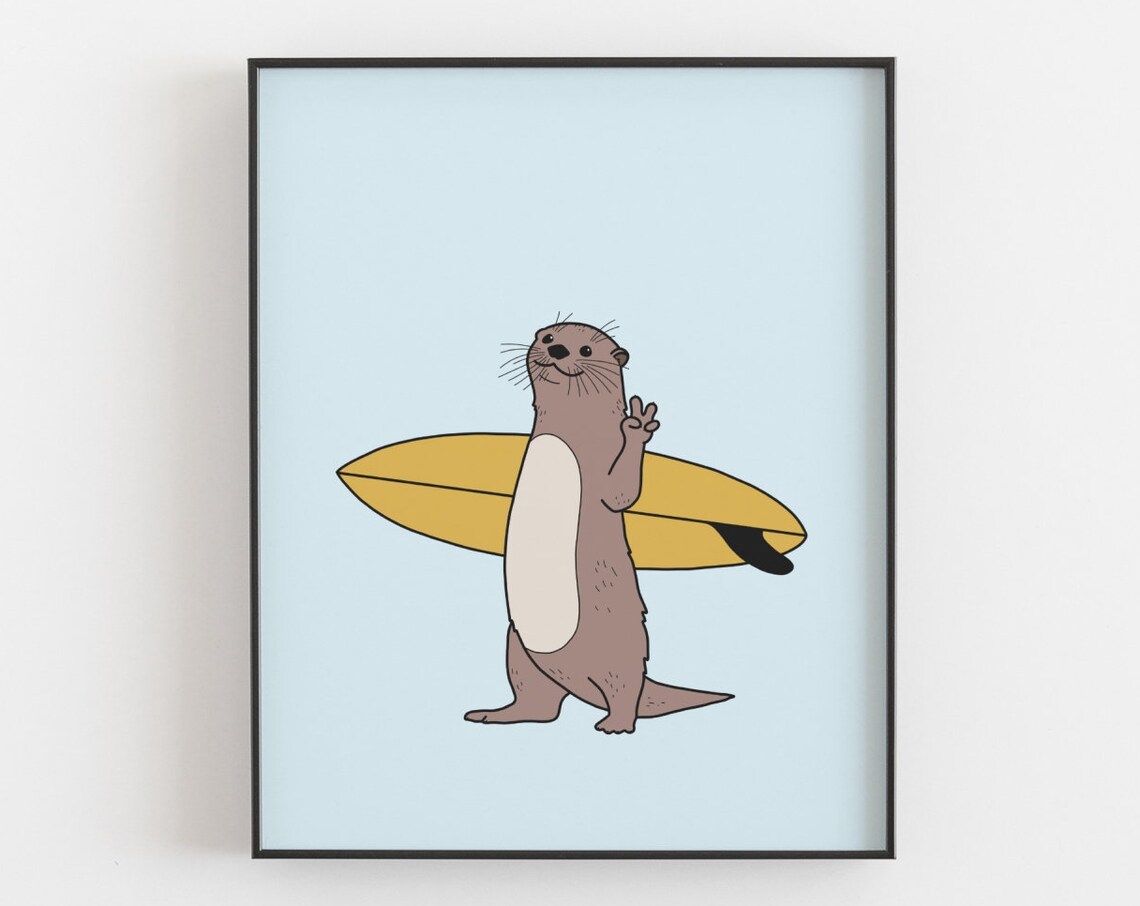 Surfing Otter Art Print, Beach House Decor