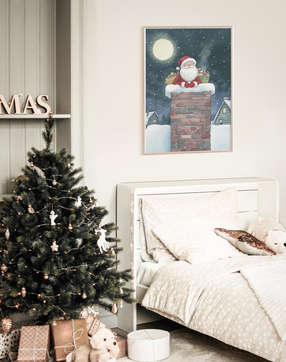 Santa Claus Snowy Chimney Full Moon Village Christmas Poster - Image 2