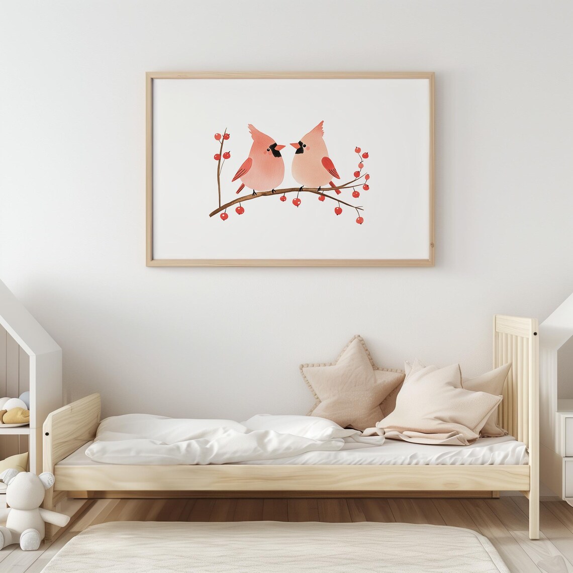 Two Cardinals Berry Branch Winter Birds Watercolor Nursery Poster - Image 3