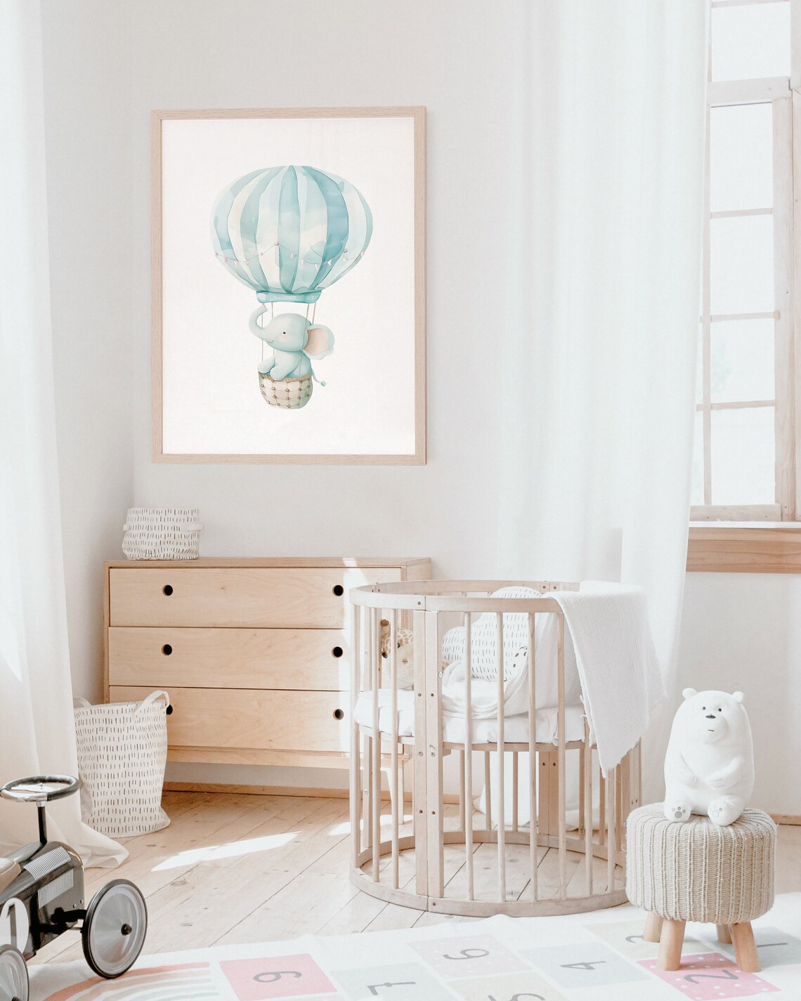 Baby Elephant Blue Hot Air Balloon Boy Nursery Watercolor Poster - Image 4
