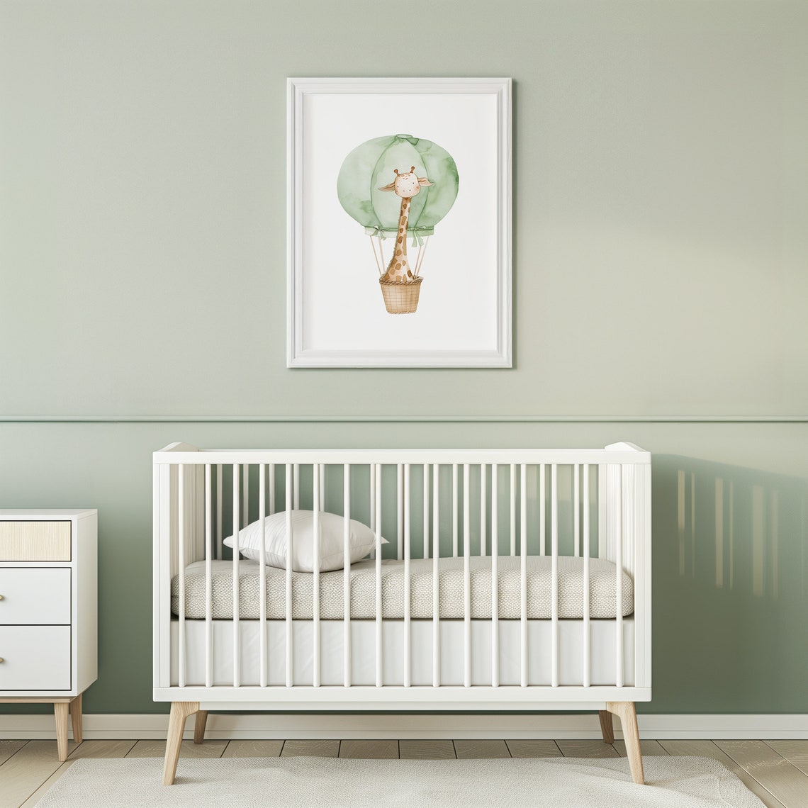 Giraffe Green Hot Air Balloon Neutral Baby Nursery Watercolor Poster - Image 3