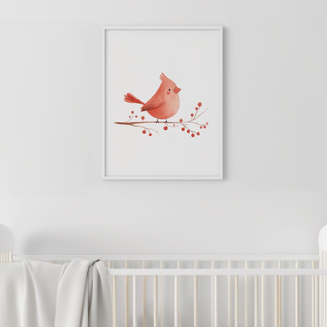 Red Cardinal Berry Branch Watercolor Winter Bird Nursery Poster - Image 2
