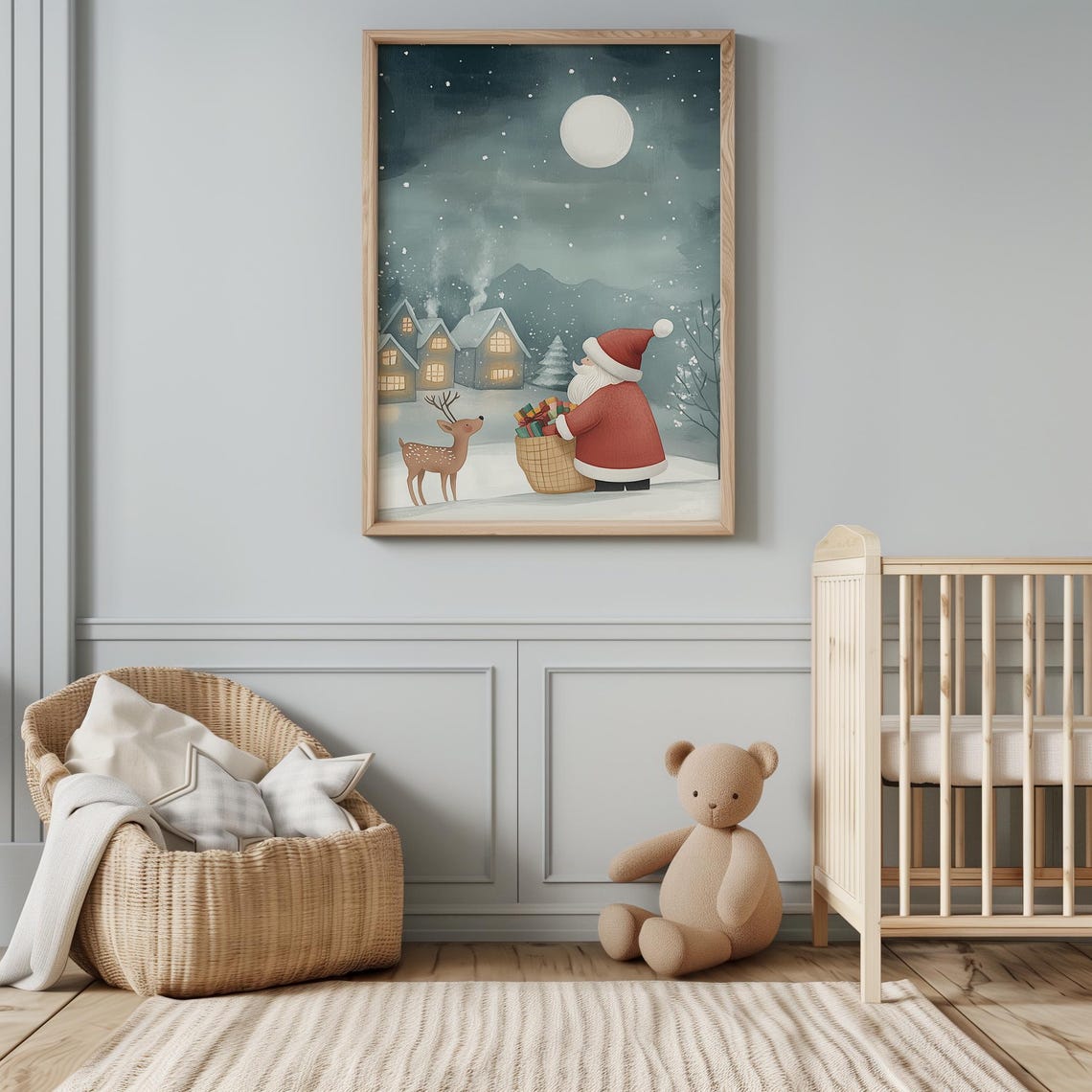 Santa Claus Reindeer Moonlit Village Watercolor Christmas Poster - Image 2