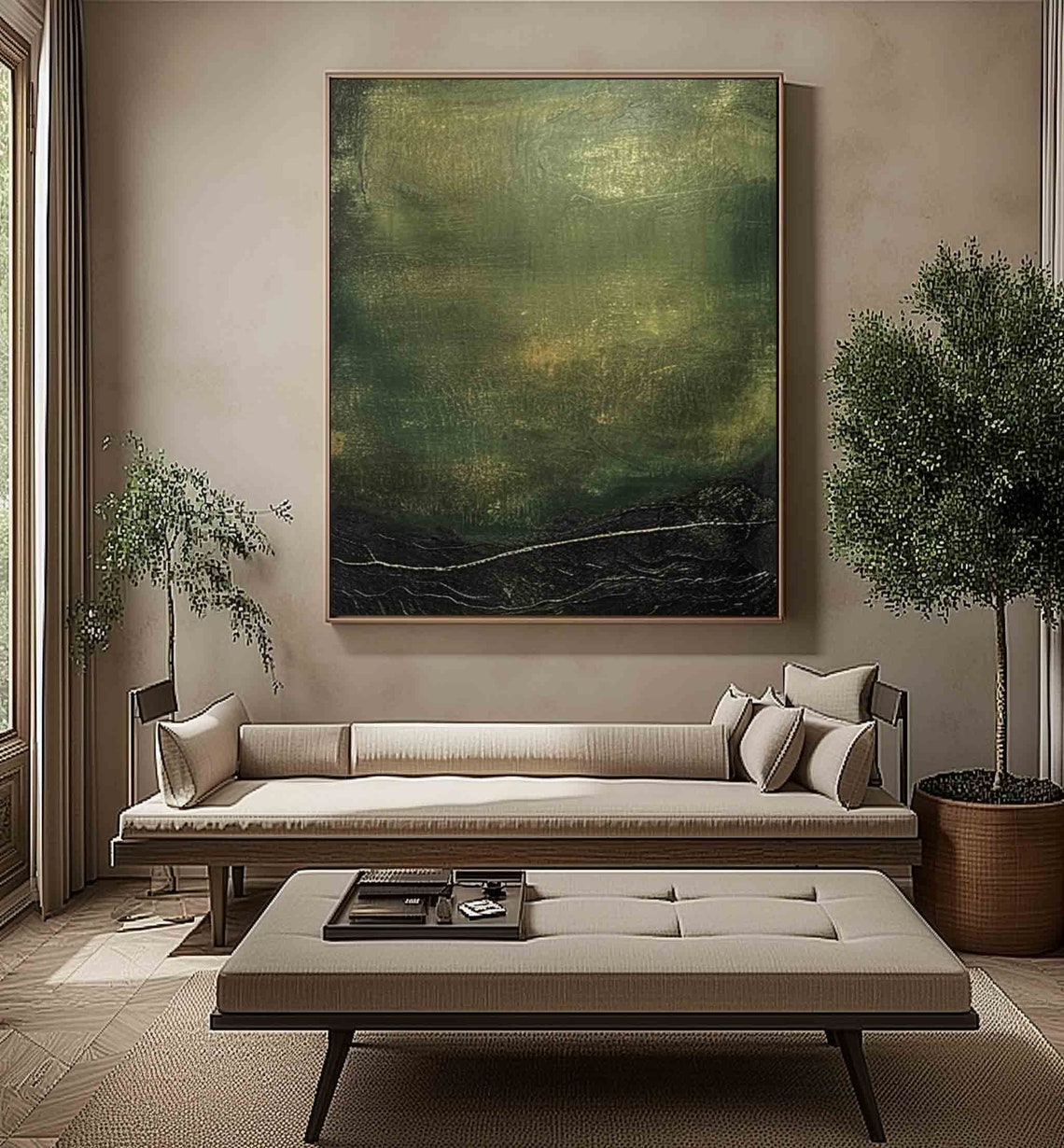 Olive Moss Green Over Black Moody Earthy Abstract Painting Poster - Image 2