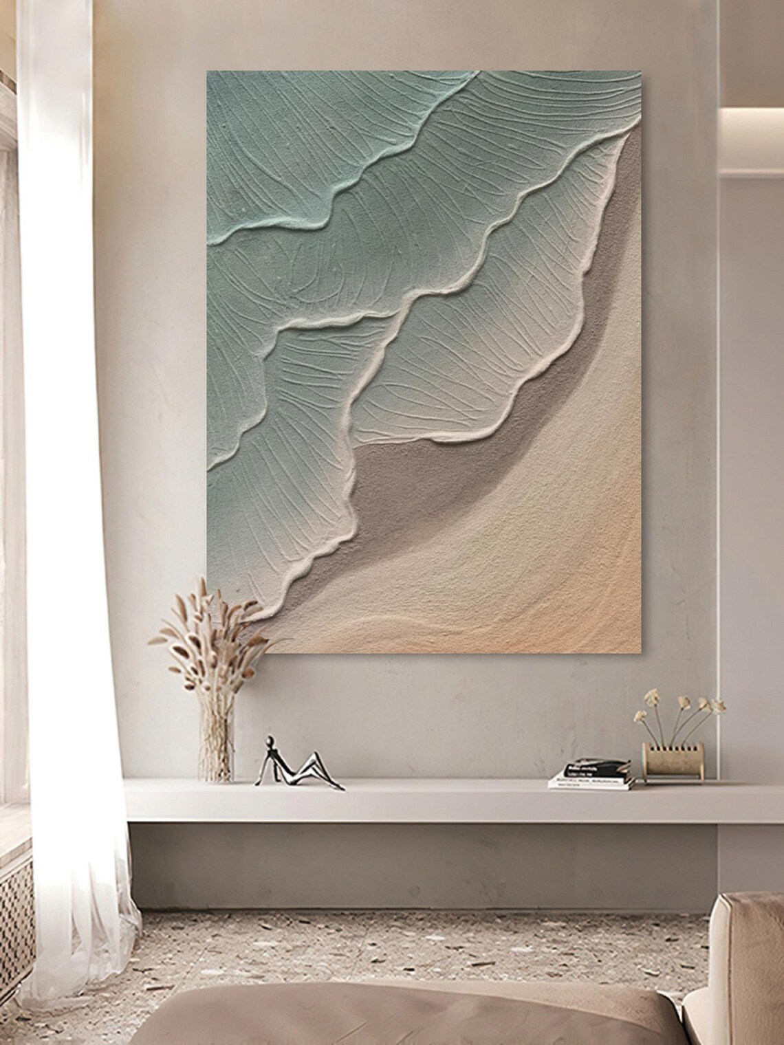 Soft Sage Green Ocean Waves on Sand Beige 3D Texture Art Poster - Image 2