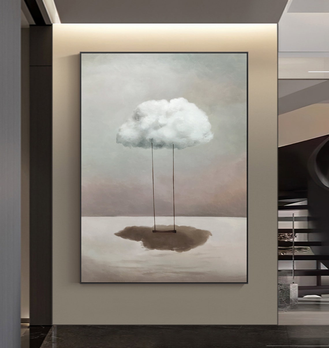 Dreamy White Cloud Swing Surreal Minimalist Corridor Art Poster - Image 2