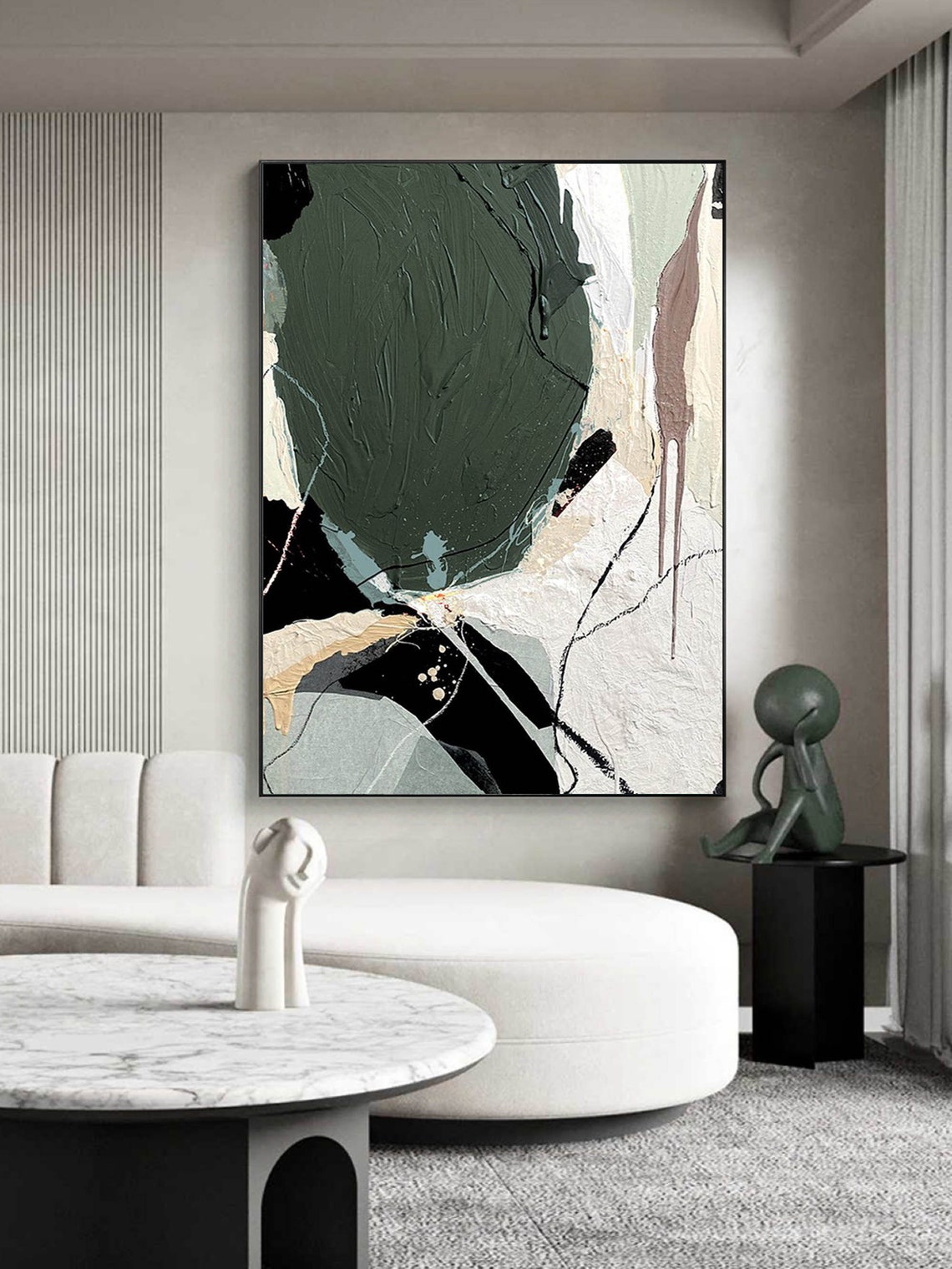 Bold Green Cream Black Modern Impasto Abstract Artwork Poster - Image 2