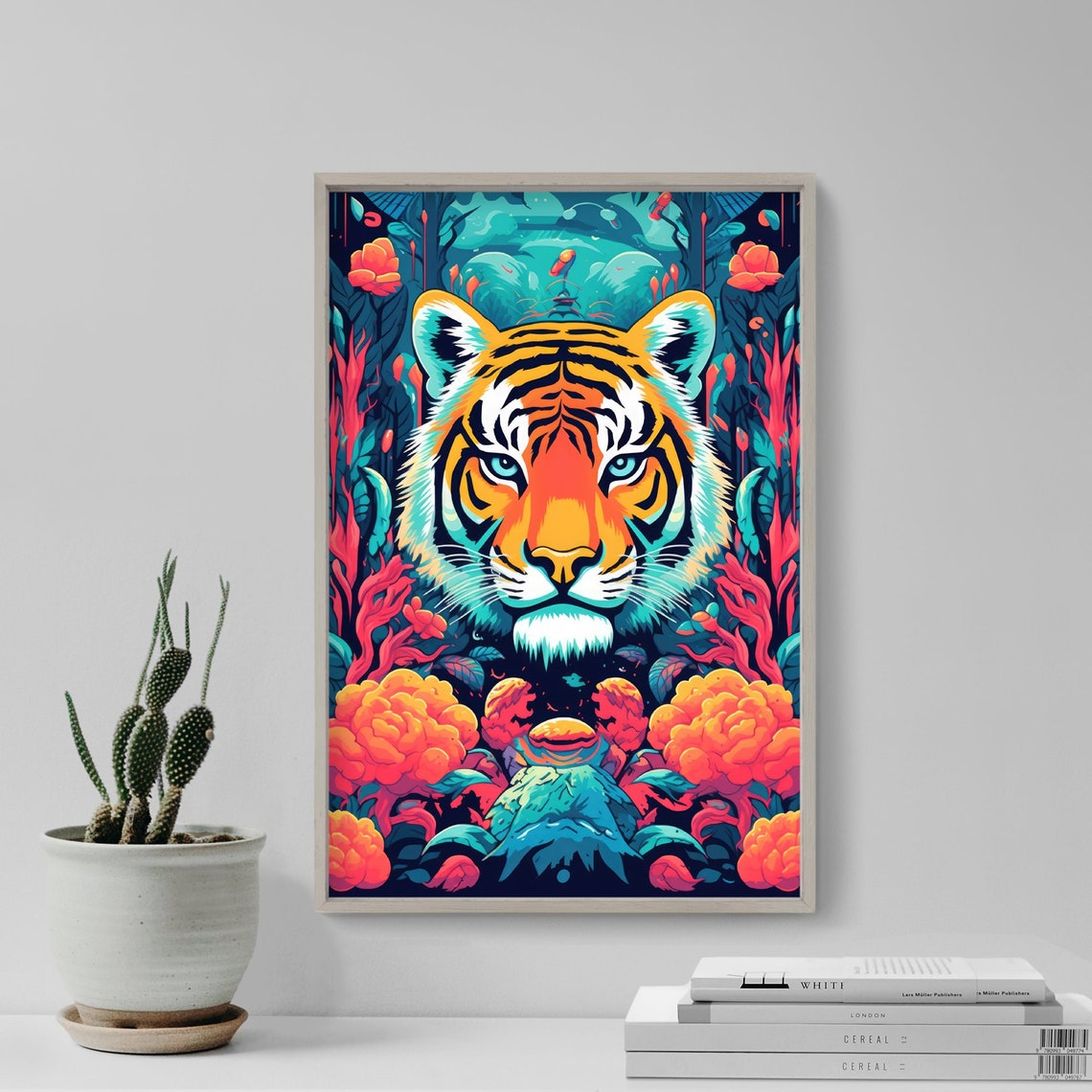 Psychedelic Tiger Face Among Wild Red Blooms Jungle Art Poster