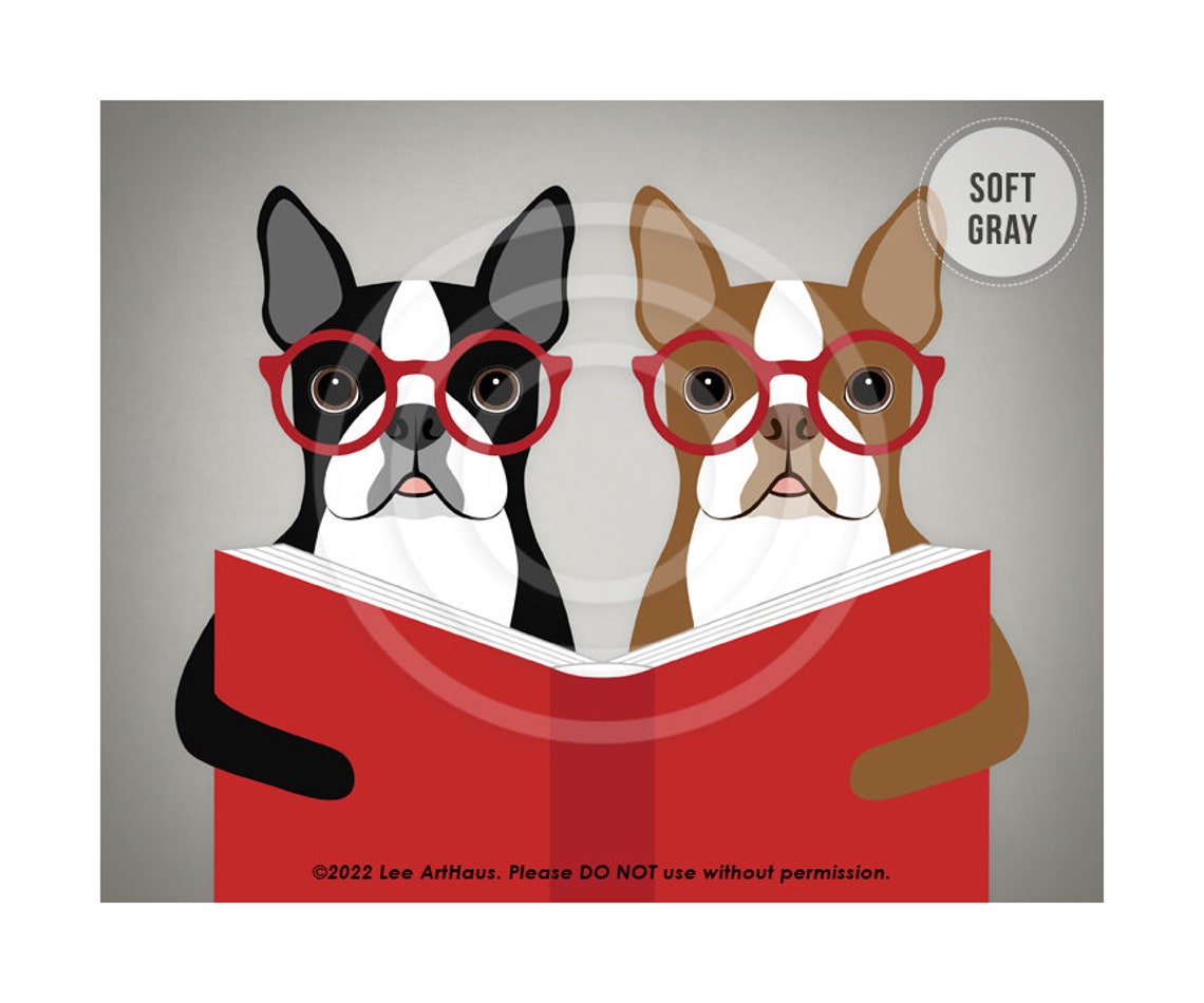 Two Boston Terriers Wearing Red Glasses Reading a Book Poster - Image 2