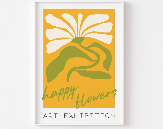 Happy Flowers Art Exhibition White Daisy Mustard Yellow Floral Poster