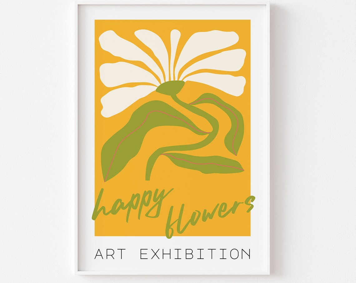 Happy Flowers Art Exhibition White Daisy Mustard Yellow Floral Poster