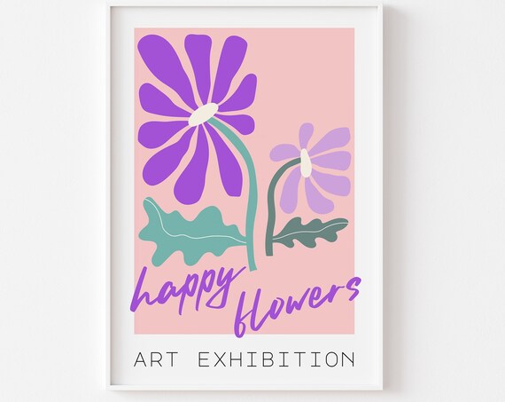 Happy Flowers Art Exhibition Purple Daisy Pink Retro Floral Poster
