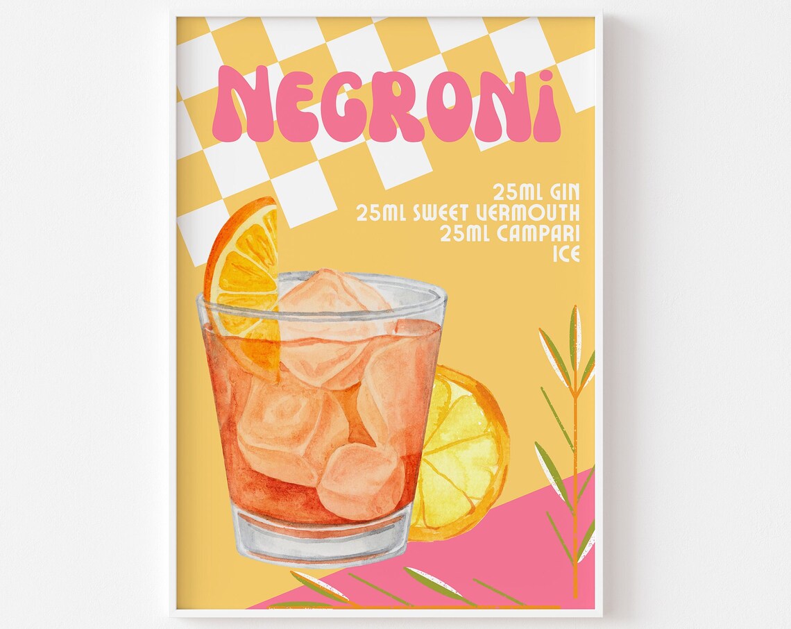 Negroni Retro Cocktail Recipe Gin Campari Yellow Checkerboard Poster