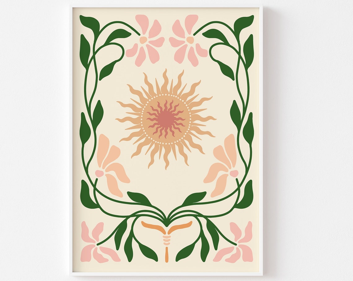 Boho Retro Floral Sun Vine Border Decorative Botanical Line Art Poster