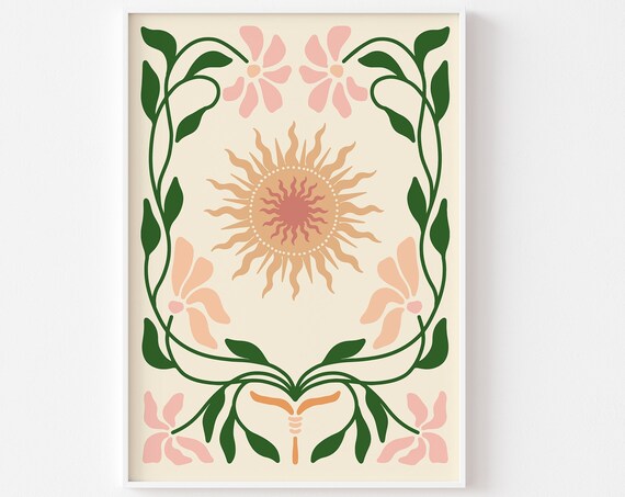 Boho Retro Floral Decorative Print Colourful Bohemian Groovy Flowers Abstract Flowers Foliage Botanical Matisse Style Pretty Spring Art