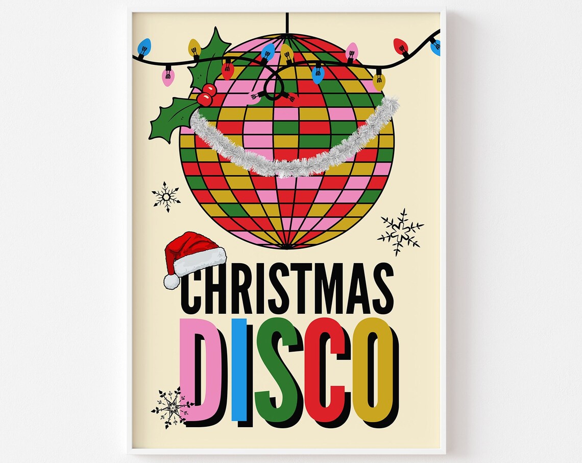 Christmas Disco Print, Groovy Retro Holiday Poster