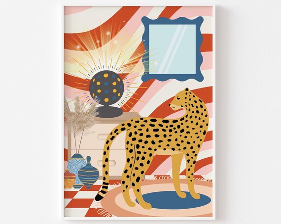 Retro Disco Leopard Interior Cheetah Mirror Ball Eclectic Room Poster