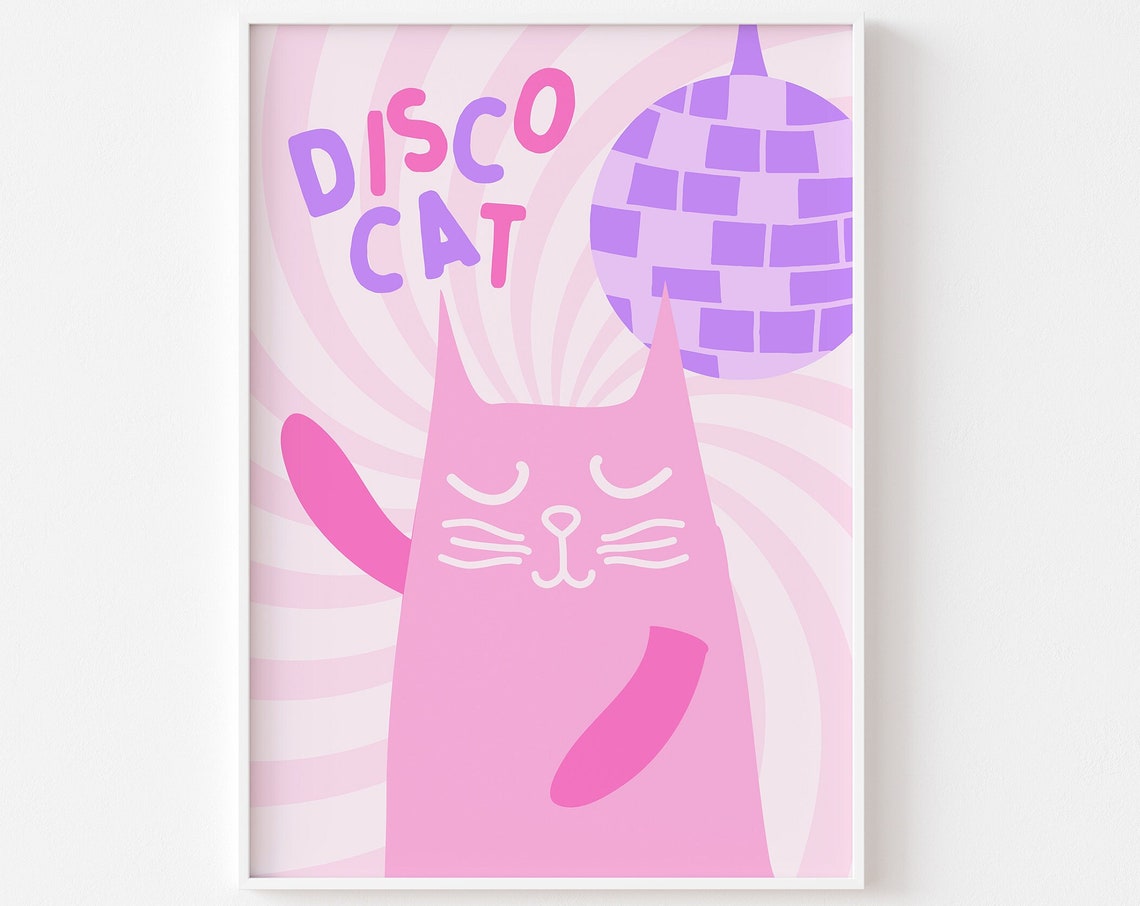 Pink Disco Cat Print, Funky 70s 80s Art