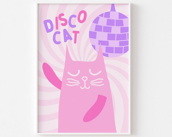 Pink Disco Cat Print, Funky 70s 80s Art