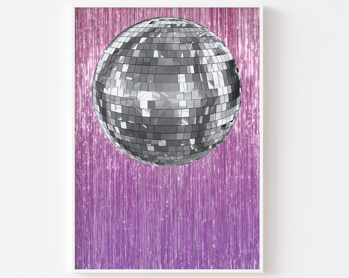 Silver Sparkly Disco Ball Pink Tinsel Backdrop Party Art Poster