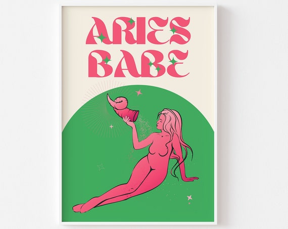 Aries Star Sign Print Babe Zodiac Art Colourful Astrology Poster Retro Bright Bold Pastel Y2k 90s Funky Groovy Gift