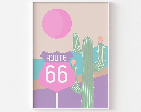 Route 66 Desert Print, Pop Pastel Travel Poster