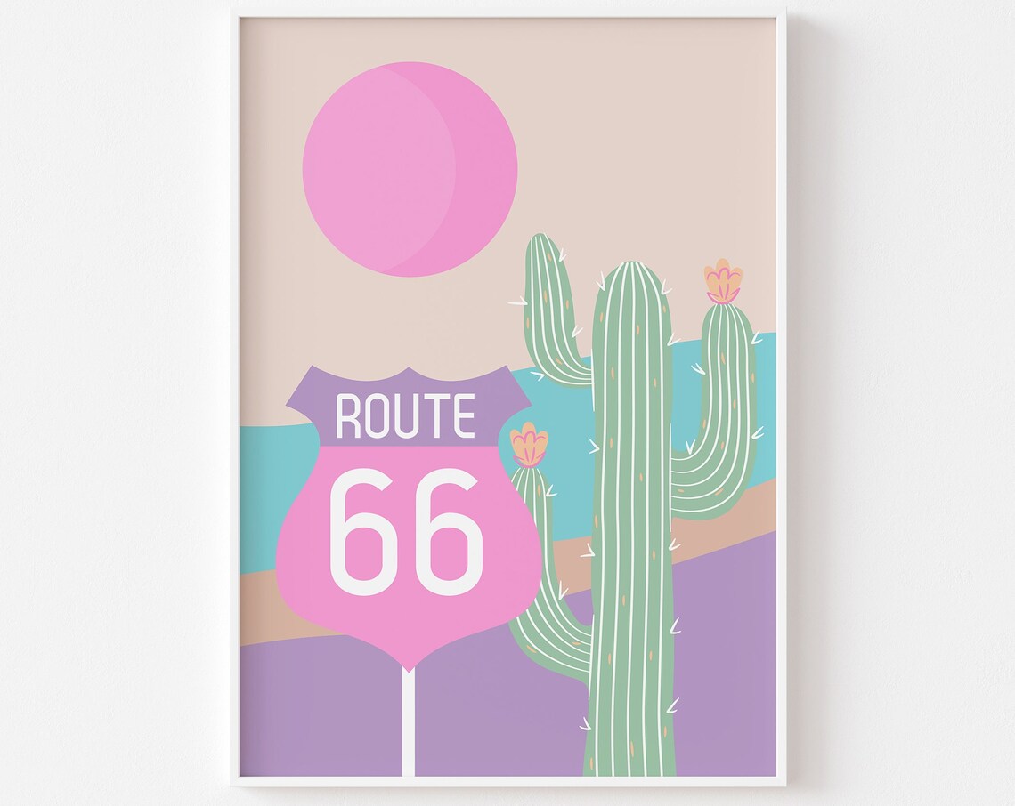 Route 66 Desert Print, Pop Pastel Travel Poster