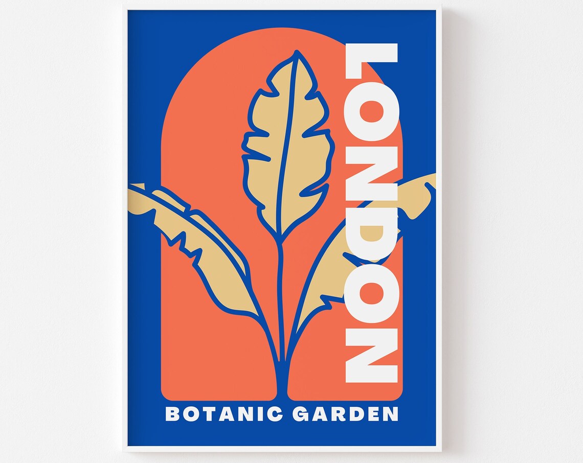 London Botanic Garden Retro Blue Orange Banana Leaf Art Poster
