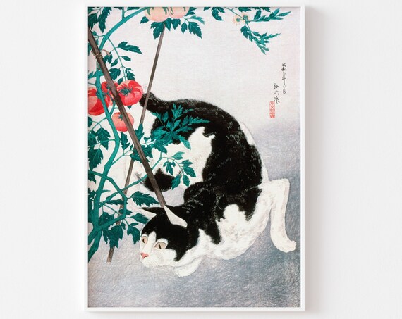 Vintage Japanese Cat With Tomato Plants Woodblock Style Poster