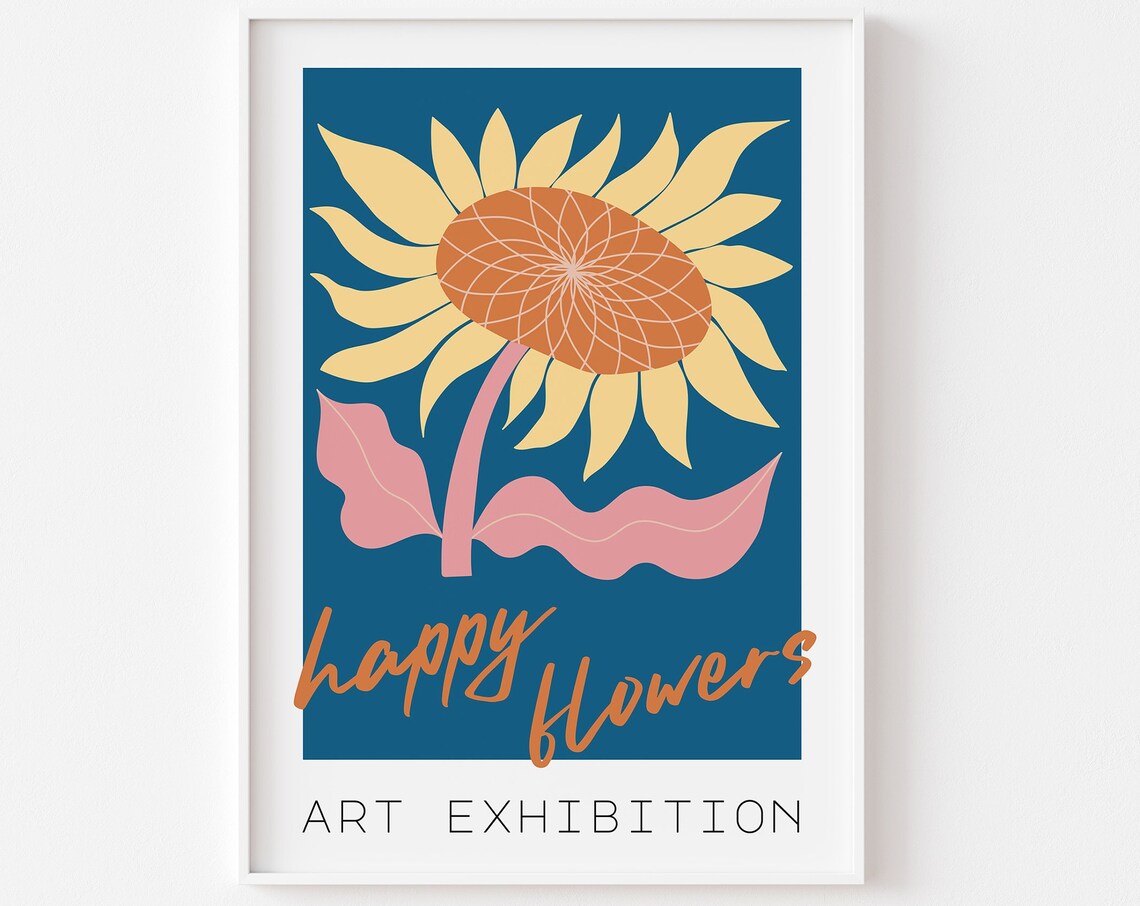 Happy Flowers Art Exhibition Sunflower Teal Blue Bold Botanical Poster