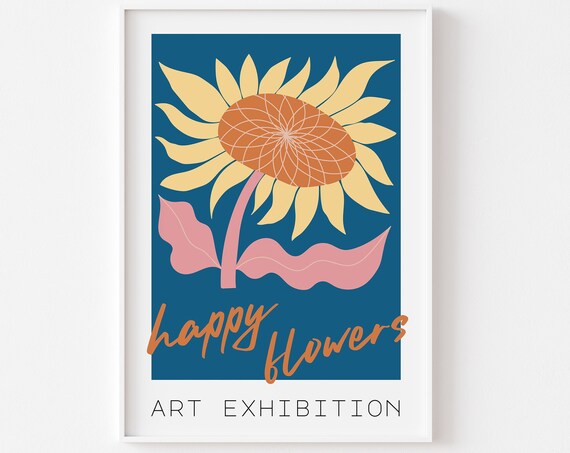 Happy Flowers Art Exhibition Sunflower Teal Blue Bold Botanical Poster