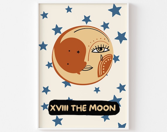 The Moon XVIII Tarot Card Bohemian Boho Celestial Star Art Poster